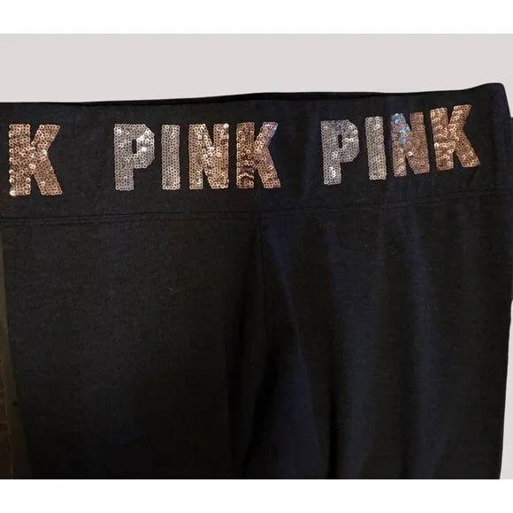 Victoria's Secret "PINK" Yoga Pants; Dark Gray w/Sequin Waistband - NEW! Size Lg - Picture 2 of 9